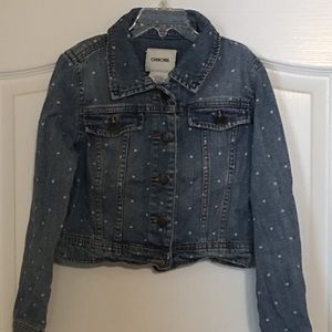 Denim jacket with polka dots.
